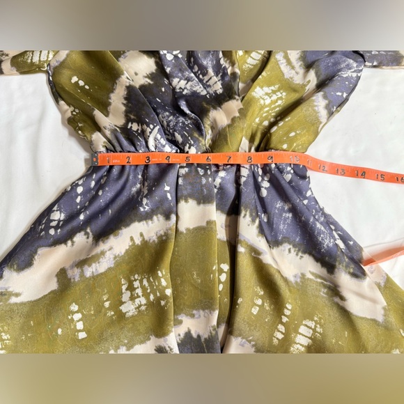 ADRIENNE Gray/lavender & green abstract print surplice layered mini dress size S - Picture 13 of 14